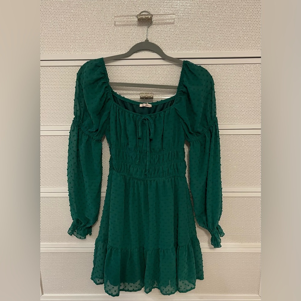 mi ami Green Long Sleeve Smocked Tiered Mini Dress